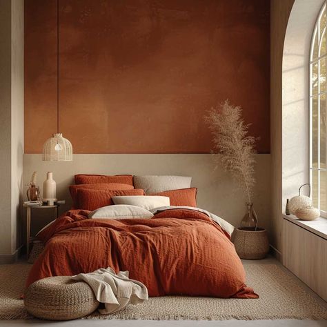 Rust Brown Bedroom, Bedroom Inspirations Orange, Bedroom Colour Inspirations, Salmon Bedroom Ideas, Cream Colour Bedroom, Clay Bedroom Color Palettes, Salmon Color Bedroom, Peach Color Bedroom Ideas, Master Bedrooms Colour Schemes