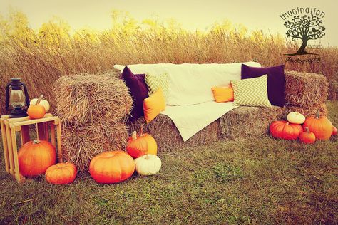 2014 Fall mini session set Hay bale couch, field, pumpkins, pillows www.imaginationphotog.com Fall Photo Booth, Fall Backdrops, Photo Halloween, Mini Photo Sessions, Photography Mini Sessions, Fall Portraits, Fall Mini Sessions, Fall Fest, Fall Family Pictures