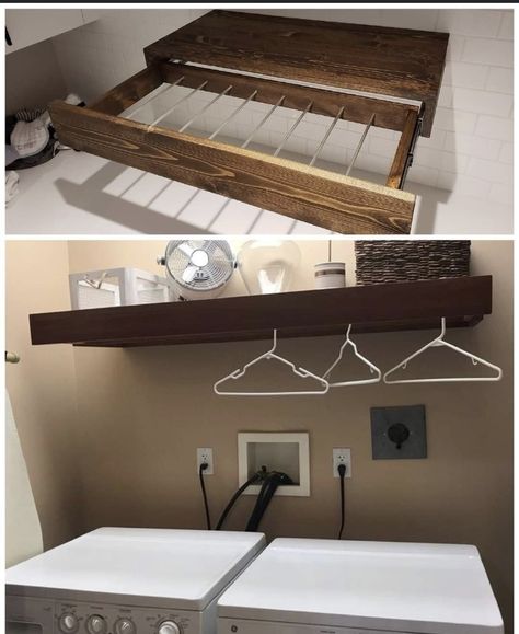 Pull Down Clothes Drying Rack, Hang Dry Clothes In Laundry Room, Drying Rack Shelf, Clothes Dryer Stand, Narrow Laundry Room, Laundy Room, House Laundry Room, Laundry Shelves, Floating Drawer