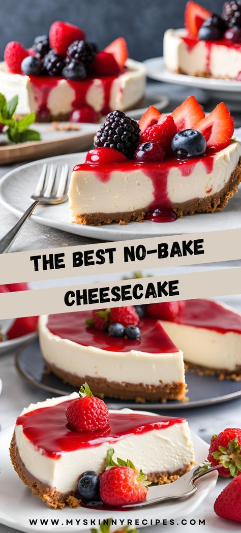 Indulge in the Best No-Bake Cheesecake! 🍰✨ Creamy, rich, and incredibly easy to make, this cheesecake is a dream dessert for any occasion. With a buttery graham cracker crust and a luscious cream cheese filling, it's a crowd-pleaser that's ready in no time. Top with your favorite fruits, preserves, or whipped cream for a personalized touch. Perfect for parties, potlucks, or a sweet treat any day of the week! #NoBakeCheesecake #EasyDessert #CreamyDelight #SweetTreats #myskinnyrecipes 🍓🥧 No Bake Creamy Cheesecake, Na Bake Cheesecake, No Bake Matcha Cheesecake, No Bake Plain Cheesecake, Cheese Cakes For Birthday, Cheesecake Without Water Bath, Nobakecheesecake Recipes, Cheesecake No Bake Recipes, Easy Cheesecake Recipes No Bake