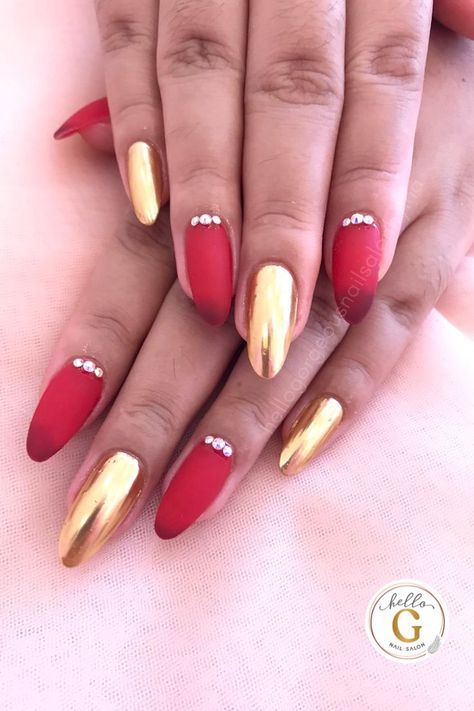 Bright Red and Gold chrome nails for valentines Gold Valentine Nails, Cherry Red Nail, Nail Art Minimalist, Nails For Valentines, Red Chrome Nails, Gold Chrome Nails, Red Combination, Red Nail Art, Valentine Nails