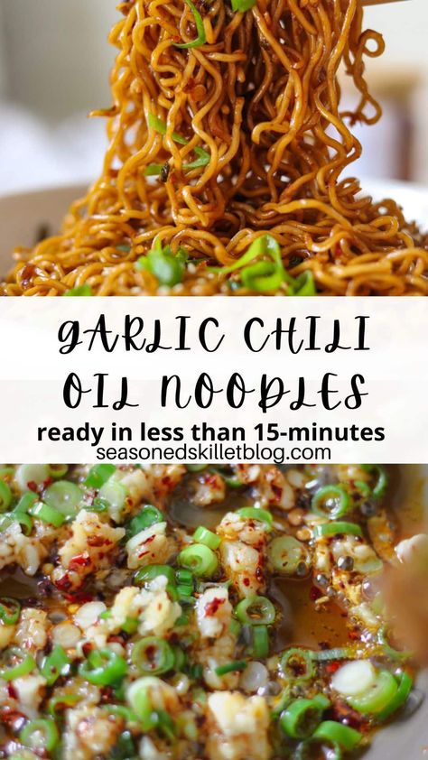 Garlic Chili Oil Noodles are one of the quickest, most insanely delicious ramen noodle recipes, tossed in a spicy garlic chili oil sauce and ready in less than 15-minutes! Garlic Sesame Noodles With Beef, Spicy Garlic Noodles Asian, Sesame Garlic Noodles Easy Recipes, Quick Asian Noodle Recipes, Asain Food Sides, Noodles With Chili Oil, Shirataki Ramen Noodle Recipes, Spicy Garlic Ramen Noodle Recipes, Chili Oil Garlic Noodles