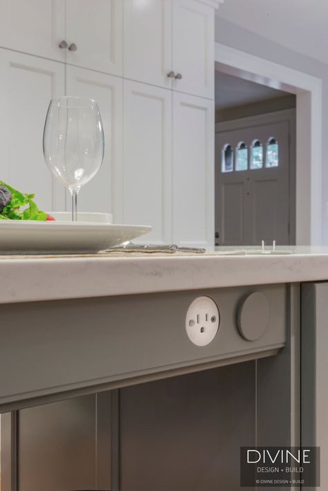 Options for Hiding Kitchen Outlets — Divine Design+Build Hidden Outlets In Kitchen Island, Kitchen Island Outlet Ideas, Kitchen Island Electrical Outlets, Outlets In Backsplash, Hidden Outlets In Kitchen, Kitchen Island Outlets, Outlets In Kitchen Island, Kitchen Island Outlet, Hidden Kitchen Outlets