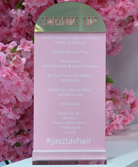 Hair Salon Drink Menu Ideas, Salon Drink Menu Ideas, Salon Board, Drink Menu Design, Hair Salon Interior Design, Champagne Nails, Signs Design, Gold Mirror Acrylic, Hairdresser Salon