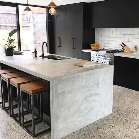 Polished Concrete Kitchen, Concrete Benches, Concrete Kitchen Island, Industrial Kitchen Design, Concrete Countertops Kitchen, Concrete Kitchen, Concrete Countertops, Counter Tops, Küchen Design