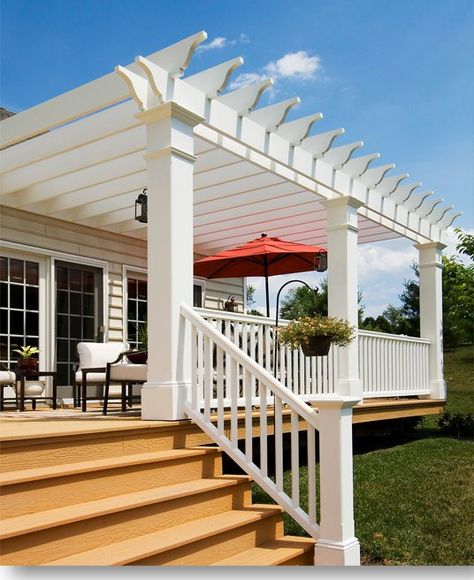 Pergola/Deck 2 Level Deck With Pergola, Pergolas On Decks, Patio Plan, Pergola Deck, Deck Skirting, Deck Remodel, Covered Back Patio, Pergola Diy, Entrance Ideas