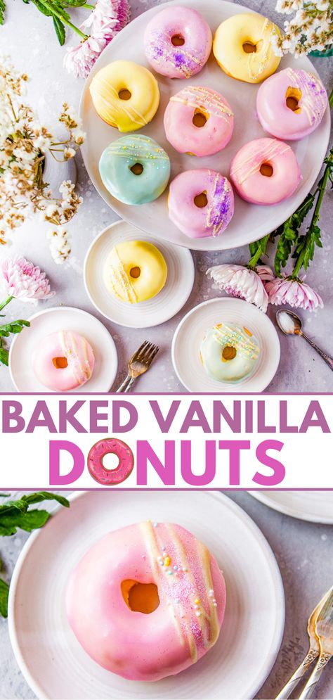 Baked Vanilla Donuts - Making donuts at home is easier than you think! Full of rich vanilla flavor in both the batter and the glaze, these donuts are a family FAVORITE. They're baked and not fried so you can have seconds! Perfect for springtime, Easter, and Mother's Day but you can change the glaze color to suit the season or your mood! Cake Donuts Baked, Silicone Molds Recipes, Baked Donuts Easy, Mini Donut Recipes, Donuts At Home, Donut Batter, Cake Donuts Recipe, Making Donuts, Baked Donut