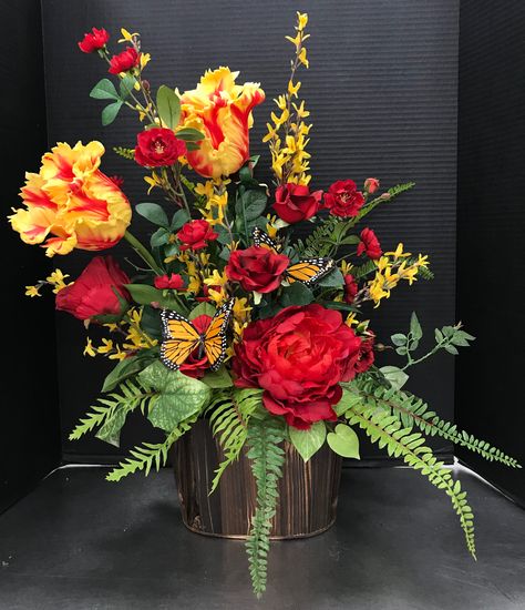 Red and Gold Butterfly Arrangement by Andrea Red Gold Flower Arrangements, Yellow And Red Flower Arrangements, Red And Gold Flower Arrangements, Gravestone Flowers, Tuscan Floral Arrangements, February Flowers, Summer Arrangements, Red Flower Arrangements, Table Florals