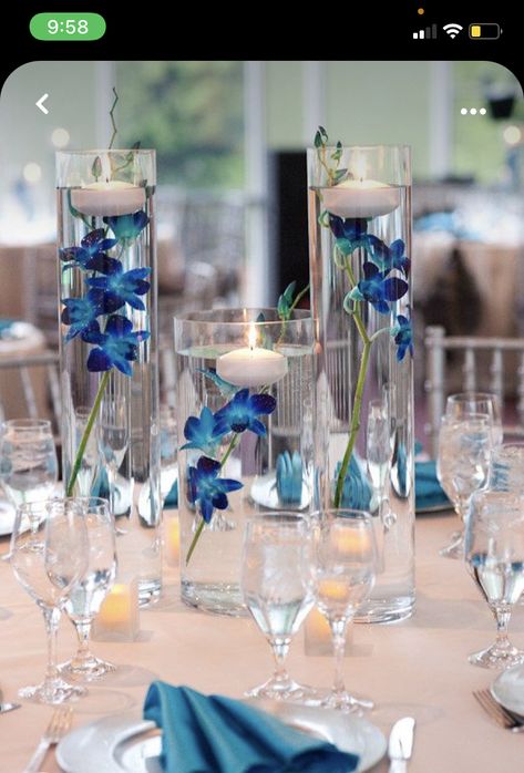 Blue Orchid Centerpieces, Orchid Centerpieces Wedding, Blue Orchid Wedding, Orchid Centerpieces, Orchid Wedding, Blue Orchids, Fusion Wedding, Wedding Candles, Reception Decorations