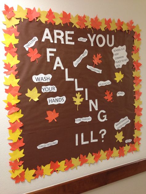 Fall bulletin board Health Education Bulletin Boards, Medical Office Fall Decorations, Fall Health Bulletin Board Ideas, Nursing Bulletin Board Ideas Hospital Fall, School Nurse Fall Bulletin Boards, Fall Nurse Bulletin Board, Fall Health Bulletin Boards, Fall School Nurse Bulletin Board Ideas, Bulletin Board Ideas Hospital