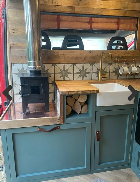 Tiny Home Camper Ideas, Camper Van With Wood Stove, Cedar Van Interior, Van Kitchen Ideas, Rv Wood Stove, Living In An Rv, Tiny House Camper, Van Conversion Interior, Diy Camper Remodel