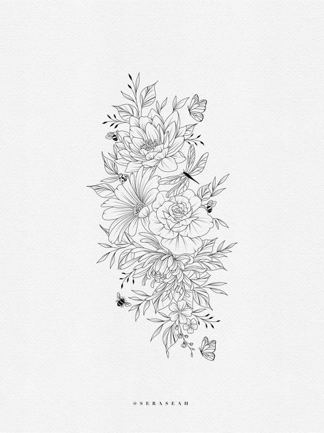 Large Birth Flower Tattoo, Large Floral Tattoo Design, Aster And Marigold Flower Tattoo, Multiple Flower Tattoo, Marigold Tattoo Design, Large Flower Tattoo, Shoulder Name Tattoo, Fineline Floral Tattoo, Aster Tattoo