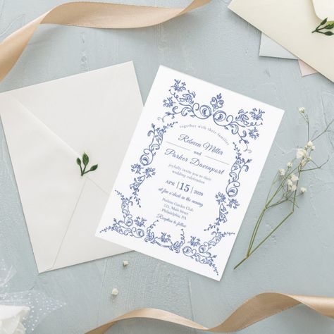 Victorian Wedding Invitations, French Blue Wedding, Blue And White Wedding, Elegant Wedding Invitation Card, Elegant Wedding Invitation, White Wedding Invitations, Victorian Wedding, Wedding Invitation Card, French Wedding