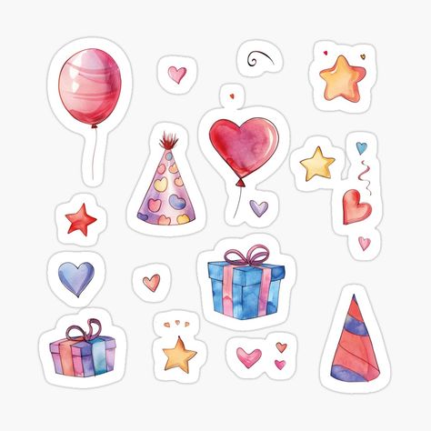 Get my art printed on awesome products. Support me at Redbubble #RBandME: https://www.redbubble.com/i/sticker/Birthday-Heart-Balloons-Gifts-Party-Hat-Stars-Collage-Bundle-by-dalia53/159158602.EJUG5?asc=u Birthday Journal Stickers, Birthday Stickers Aesthetic, Birthday Heart Balloons, Stars Collage, Birthday Heart, Stickers Aesthetic, Watercolor Birthday, Balloon Gift, Iphone Wallpaper App