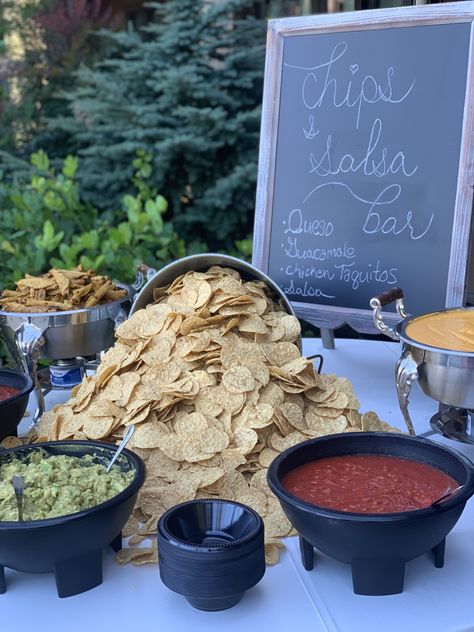 Nachos Wedding Bar, Chip And Dip Table Wedding, Snack Table For Wedding Receptions, Cocktail Hour Desserts, Wedding To Go Snacks, Chips Salsa Bar, Taco Charcuterie Board Table, Taquitos Party Platter, Fun Food Wedding Ideas