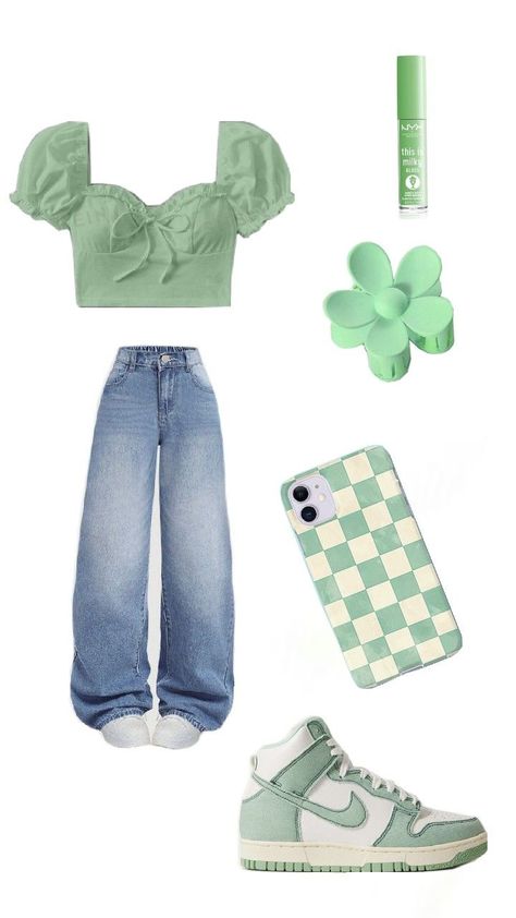 Cute Mint Green Outfit💚 Ootd Mint, Mint Green Outfits, Mint Sandals, Blue Pants Outfit, Mint Outfit, Mint Green Shirts, Sandals Outfit, Green Girl, Mint Blue