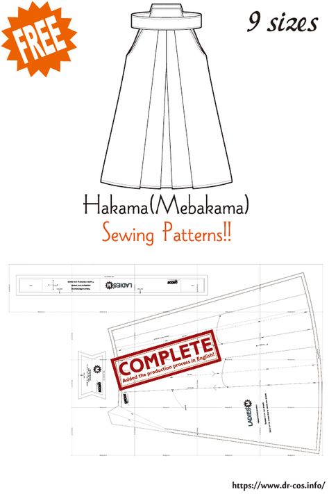 This is the pattern of Hakama(Mebakama). inch size(letter size) Children's-4,8,10/Ladies'-S,M,L,LL/Men's-L,LL cm size(A4 size) Children's-100,120,140/Ladies'-S,M,L,LL/Men's-L,LL Added the number of fabric meters required for each size ❤️The production process is now uploaded to the site. Hakama Pattern, Haori Pattern, Long Skirt Pattern, Kimono Sewing Pattern, Japanese Sewing Patterns, Japanese Sewing, Kimono Pattern, Japanese Patterns, Fashion Pattern