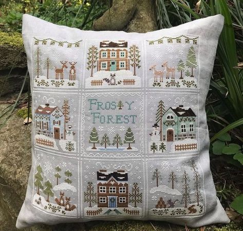 Frosty Forest Cross Stitch, Frosty Forest, Country Cottage Needleworks, Little House Needleworks, Cross Stitch House, Cross Stitch Pillow, Xmas Cross Stitch, Winter Cross Stitch, Cross Stitch Finishing