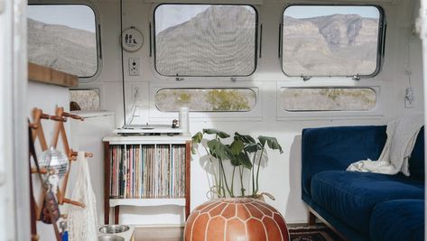 Boho Tiny Home, Boho Airstream, Cozy Boho Home, Blue Couch Living Room, Airstream Living, Ikea Pillows, Airstream For Sale, Saved Money, Airstream Interior