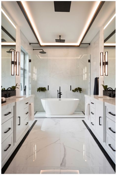 Modern bathroom with white marble floors, double vanities, a freestanding bathtub, and glass-enclosed showers on either side. Black And White Master Bath Ideas, Modern Luxury Bathroom Marble, Luxury Vanity Ideas Bathroom, Dream Bathrooms Luxury Master Bath, Luxury Bathroom Lighting, White Luxury Bathroom, Black And White Marble Bathroom, Kylie House, Big Bathroom Design