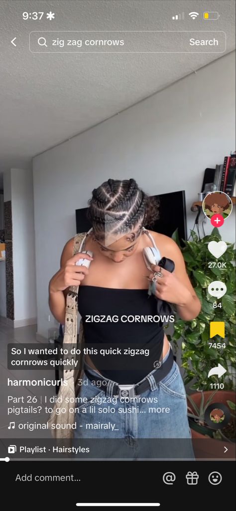 Zig Zag Part Hair Black Women, Zig Zag Part Braids, Cornrow Pigtails, Zig Zag Cornrows Braids, Zig Zag Braids, Zig Zag Cornrows, Zig Zag Braid, Braids Styling, Bun With Curls