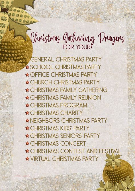 ’Tis the season to be jolly, with festivities galore and parties to light up our hearts! 🎄✨ I penned some Christmas prayers to sprinkle that extra dash of holiday magic into your gatherings.

Feel the festive spirit and spread the cheer by sharing these magical Christmas blessings at your gatherings. Let’s make this holiday season sparkle with love, laughter, and gratitude! ✨🙏🎉 Opening Prayer For Christmas Party, Prayer For Christmas Party, Christmas Prayers, Church Christmas Party, Christmas Contests, School Christmas Party, Christmas Prayer, Christmas Neighbor, Opening Prayer