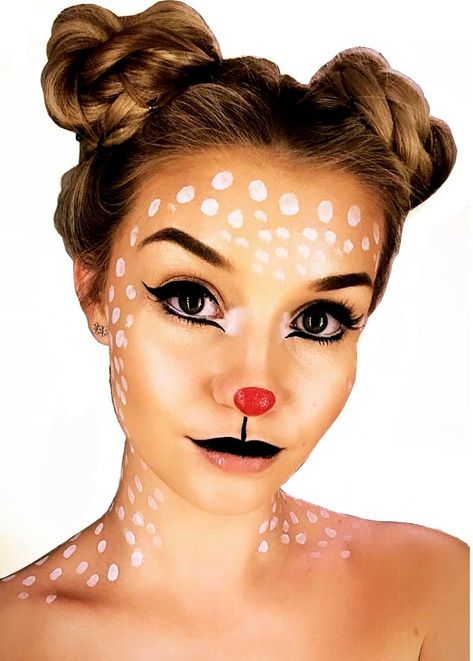 Rudolph Makeup Simple, Rudolph Face Paint, Reindeer Face Painting, Rudolph Makeup, Reindeer Face Paint, Rudolf The Red Nosed Reindeer, Reindeer Makeup, Reindeer Art, Reindeer Costume