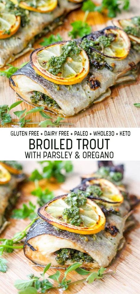 Have dinner on the table in under 30 minutes with this parsley and oregano herbed trout. Six ingredient simple recipe that makes for a perfect weeknight dinner. #glutenfree #dairyfree #whole30 #keto #paleo Whole Trout Recipes, Dinner Fish, Whole30 Keto, Avocado Pesto, Scrumptious Food, Spiralizer Recipes, Autoimmune Paleo, Summer Menu, Keto Friendly Desserts