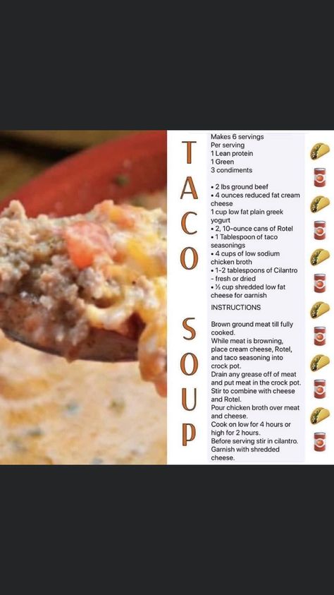 Lean Protein Meals, Lean And Green, Soup With Ground Beef, Taco Soup Recipe, Low Fat Cheese, Ground Chicken Recipes, Green Soup, Ground Beef Tacos, Lean And Green Meals