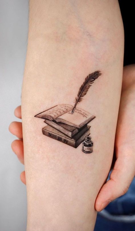 Open Book Tattoo, Writer Tattoo, Quill Tattoo, Book Inspired Tattoos, Reading Tattoo, Book Lover Tattoo, Realistisches Tattoo, Bookish Tattoos, Literary Tattoos