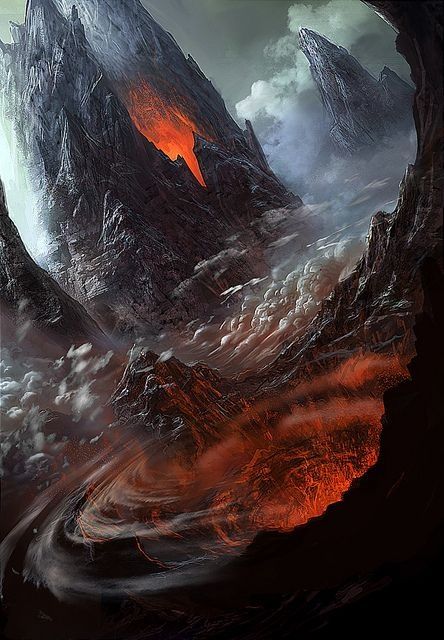 Angband, the last fortress of Melkor. While Melkor was imprisoned in Valinor, Sauron bred Orcs and other foul beasts to be ready upon Melkor's return. After Melkor returned to Middle Earth, now dubbed Morgoth by the Elves, he raised the volcanic mountain range Thangorodrim around Angband to defend it. Mountain Scenery, Art Landscapes, 다크 판타지, Fantasy Setting, Fantasy Places, Matte Painting, Fantasy Art Landscapes, Fantasy Concept Art, Arte Fantasy