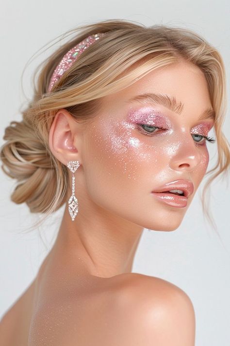 Pink Shades Makeup, Light Shimmer Makeup, Shimmer Makeup Look Sparkle, Full Face Glitter Makeup, Glitter Fantasy Makeup, Pink Toned Makeup, Glitter Makeup Pink, Pink Creative Makeup, Fairy Godmother Makeup