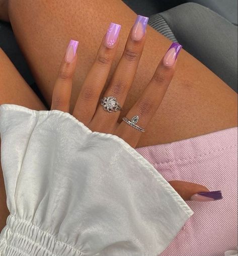 Nails Different Shades Of Purple, Pink Nails Purple Tips, Purple Iridescent Nails French Tip, Coffin Acrylic Nails Purple French Tip, Purple Acrylic French Tip Nails, Different Shade French Tip Nails, Shades Of Purple Nails Acrylic, Ombré And French Tip Nails, Purple French Tips Coffin