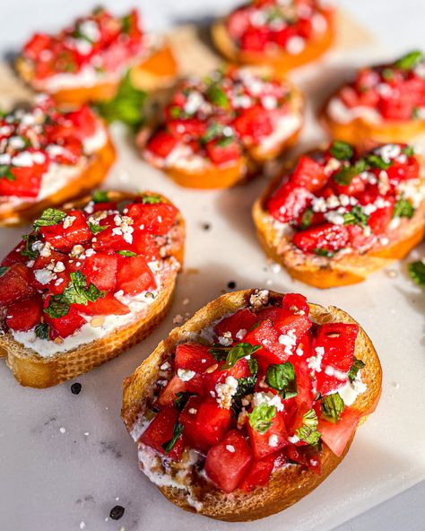 Summer Birthday Food, Watermelon Bruschetta, Fruit Bruschetta, Yogurt Spread, Crispy Bread, Whipped Ricotta, Light Appetizers, 75 Hard, Watermelon And Feta