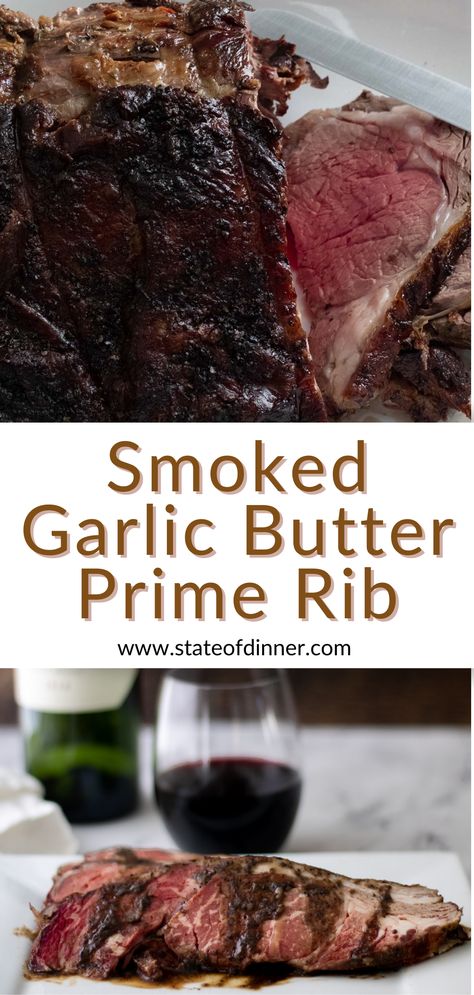 Smoked prime rib that is carved, showing the rare marbled inside. Garlic Butter Prime Rib, Garlic Herb Prime Rib, Smoked Prime Rib Roast, Smoked Garlic, Smoked Prime Rib, Holiday Dinner Recipes, Herb Butter Recipe, Prime Rib Roast Recipe, Cooking Prime Rib