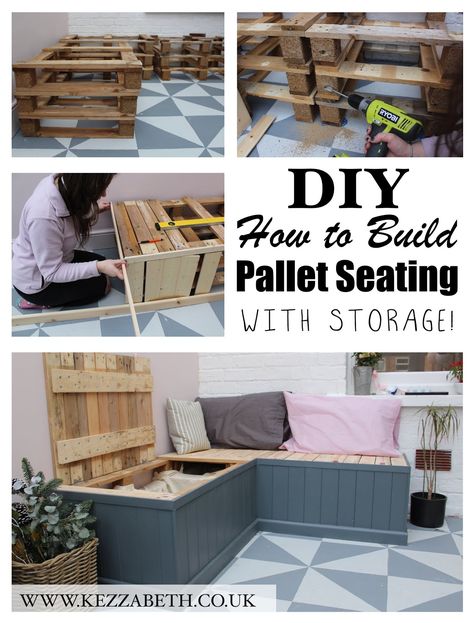 Pallet Furniture Bench, Seating With Storage, Corner Sofa With Storage, Banquette Palette, Wooden Pallet Crafts, Pallet Tables, Pallet Cabinet, Outdoor Pallet, Diy Storage Bench