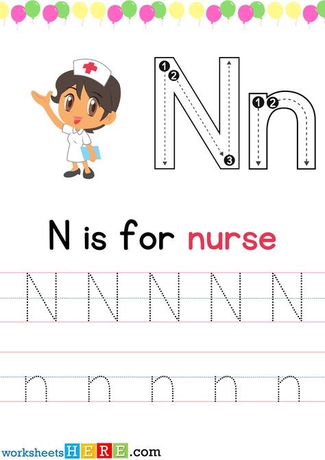 Tracing Letter N Uppercase and Lowercase PDF Worksheet For Kindergarten - WorksheetsHere.com Letter N Worksheets For Preschool, Kindergarten Tables, Letter N Worksheet, Alphabet N, Worksheet For Kindergarten, Words List, Tracing Letters, Letter N, Word List