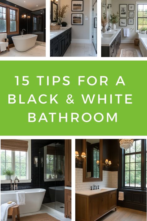 Get a stunning black and white bathroom with these decor tips and design ideas. Black And White Main Bathroom, White Tub Black Tile, Black And White Bathroom Decor Wall Art, Towels For Black And White Bathroom, Black And White And Wood Bathroom, Black And White Tiled Bathrooms, Black And White Bathroom With Color Pop, Black And Cream Bathroom Ideas, Black And Wood Bathroom Ideas