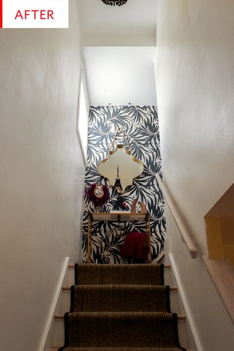 Before and After: This Stairway Got a Glamorous Makeover Wallpaper On Staircase Wall, Staircase With Wallpaper, Wallpaper For Stairs Wall, Staircase Decor Ideas Wall, Staircase Wallpaper Ideas, Stairwell Wallpaper, Accent Wall Hallway, Stairway Wallpaper, Stairs Wall Decor Ideas