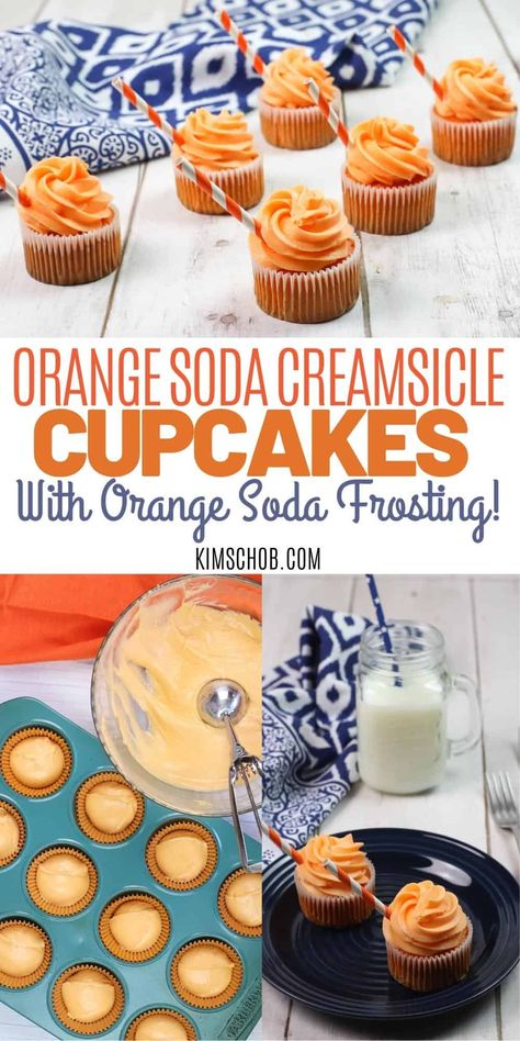 These orange soda cupcakes taste like a summer day sitting by the pool eating a creamsicle! Made with orange jello, orange soda, and buttercream frosting! #cupcakes #recipe #kimschob Orange Soda Cupcakes, Orange Foods For Color Party, Orange Soda Cake Recipe, Soda Frosting, Summertime Cupcakes, Jello Cupcakes, Pool Birthday Cakes, Soda Cupcakes, Lazy Food