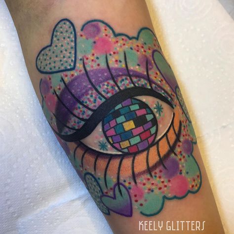 Colorful Disco Ball Tattoo, 333 Tattoos, Disco Ball Nails, Shopping Tattoo, Ibiza Nails, Colorful Disco Ball, Disco Ball Tattoo, Eye Tattoos, Neon Tattoo