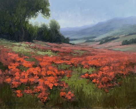 Poppy fields by Jane Hunt, Oil, 8 x 10 Inspo For Painting, Poppy Field Painting, Rodeo Art, Abstract Poppies, Red Abstract Painting, Paint Landscape, Artist Residency, Poppy Fields, Field Painting