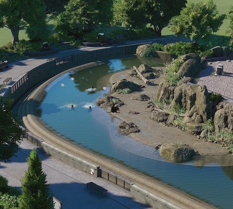 Platypus Habitat, Jwe2 Park Ideas, Planet Zoo Lion Habitat, Zoo Planet Ideas, Planet Zoo Layout, Zoo Buildings, Planet Zoo Habitat Ideas, Planet Zoo Inspiration, Arctic Habitat