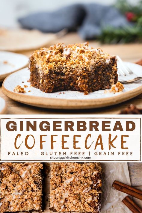 What’s better than a Gingerbread Cake? This Gingerbread coffee cake is the perfect morning routine this Christmas season. The paleo cake is soft, moist and a little bit sticky from the molasses; packed with ginger, cinnamon and holidays spices, and with an easy almond flour streusel topping. You won’t believe it is paleo, gluten free and grain free. You need this healthy gingerbread coffee cake for the whole family! | #gingerbreadcake #gingerbread #coffeecake #paleodessert #healthyholidays Gingerbread Coffee Cake, Paleo Coffee Cake, Healthy Paleo Desserts, Healthy Coffee Cake, Paleo Gingerbread, Healthy Gingerbread, Gingerbread Coffee, The Perfect Morning Routine, Healthy Holiday Treats