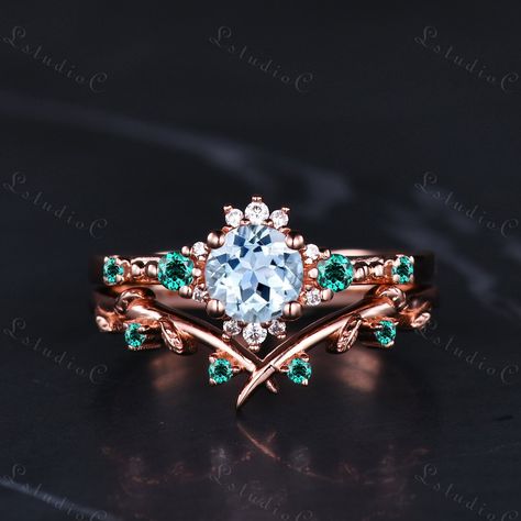 5mm Vintage Blue Aquamarine Engagement Ring Set 14k Gold Unique Emerald Leaf Stacking Ring Branch Vine Bridal Set Moissanite Ring for Women Gift Side stones: emeralds, Moissanite This ring can also be made in genuine solid 10k, 14k, 18k gold or Platinum, and all the rings in my shop can be customized too! If you want to know more details about the ring, just contact with me anytime! If you want to customize the ring, just contact with me anytime! If you want to make a custom jewelry, just contact with me anytime! PROCESS TIME AND SHIPPING It usually takes about 3-4 weeks to finish the ring and 4-6 days to deliver to you if you are in US. (Free Shipping within US!) We will offer you the tracking number once your ring is shipped. WARRANTY 30 days money back guarantee! If you have any questio Bff Necklaces, Aquamarine Engagement Ring, Fancy Jewelry, Engagement Ring Set, Aquamarine Blue, Bridal Set, Moissanite Ring, Favorite Rings, Types Of Rings