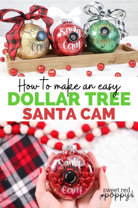 Diy Santa Cam Dollar Tree, Santa Camera Diy, Santa Can Ornaments, Diy Santa Camera Ornament, Santa Cam Ornament Diy, Dollar Tree Santa Cam, Santa Cam Diy, Diy Santa Cam, Christmas Diy Crafts To Sell