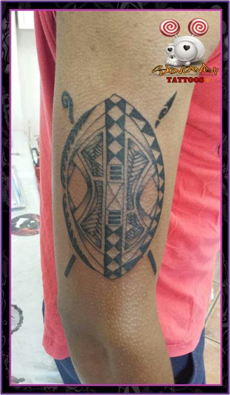 Custom Zulu Shield by SkinCandy Tattoos Pretoria Kenyan Shield Tattoo, African Shield Tattoo, Zulu Shield Tattoo, African Warrior Tattoo For Men, Africa Tattoos Men, Zulu Warrior Tattoo, Zulu Tattoo, Afrocentric Tattoos, Zulu Shield