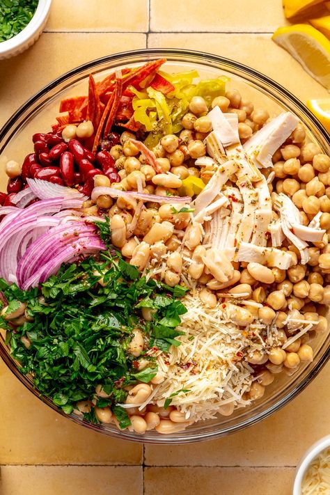 Grinder Bean Salad - Fed & Fit Bean Salad Recipes Healthy, Grinder Salad, Salad Recipes Healthy, Balsamic Steak, Pork Casserole, Deli Turkey, Bean Salad Recipes, Ham And Cheese Sandwich, Chicken Gyros