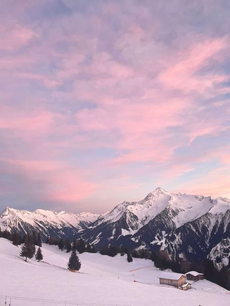 Pink Mountains Aesthetic, Ski Mountain Aesthetic, Pink Winter Aesthetic Wallpaper, Pink Mountains Wallpaper, Austria Snow, Colorado Aesthetic, Sunset Snow, Mountain Skiing, Clouds Pink