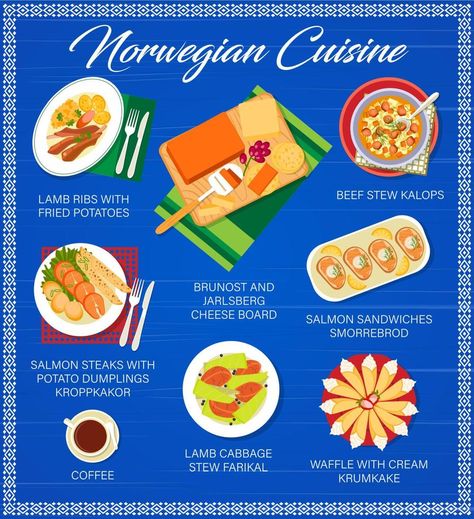 Norwegian cuisine menu, food dishes and meals Norwegian Dishes, Epcot Norway, Norwegian Crafts, Jarlsberg Cheese, Norway Food, Norwegian Cuisine, Norwegian Language, Salmon Sandwich, Norwegian Christmas